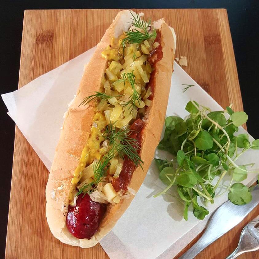 Gourmet Hot Dog with Sweet Mustard with Apricots & Macadamia Nuts