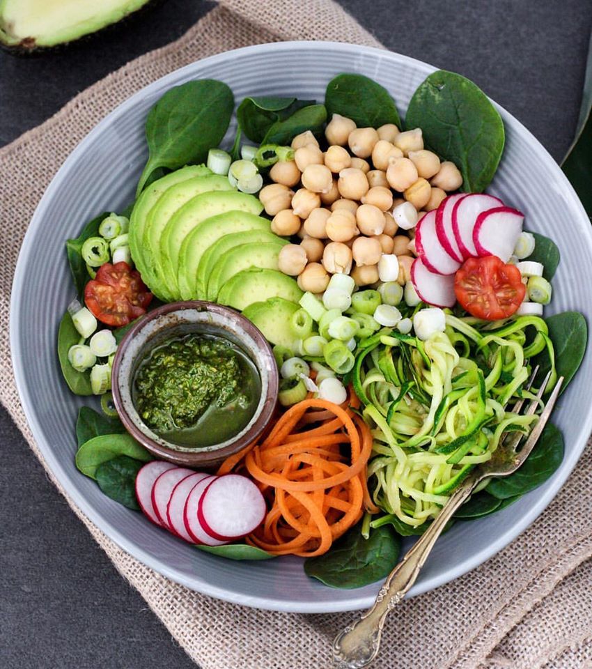 Pesto Chickpea Buddha Bowl with Dairy Free Pesto