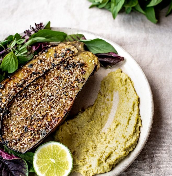 Dukkah Crusted Eggplant with Miso & Edamame Dip