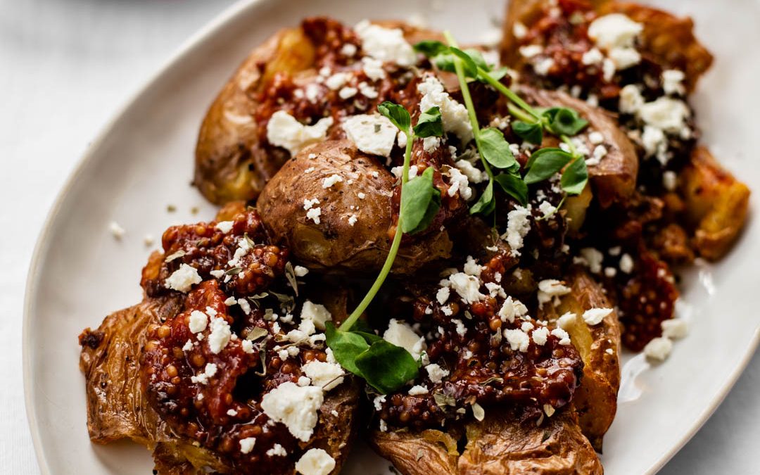 Smashed Potatoes with Sundried Tomato Wholegrain Mustard