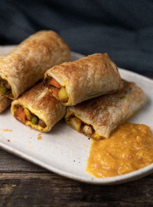 Curried Vegetable Rolls with Mango Chutney