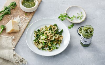 Orecchiette with Roza’s Traditional Basil Pesto, zucchini and broccolini